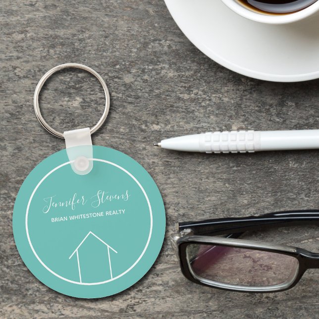 Cute Teal Real Estate Company Personalized Realtor Keychain (Creator Uploaded)