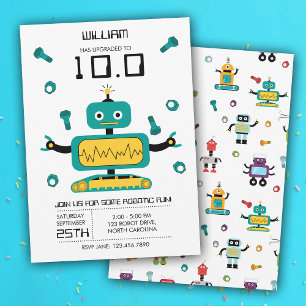 Cute Teal Robot Theme Kids Robots Birthday Party Invitation