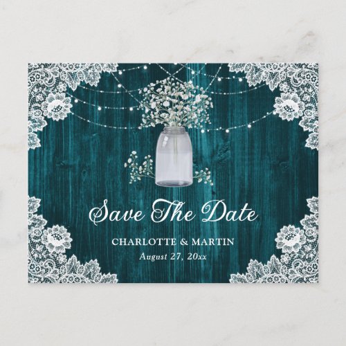 Cute Teal Rustic Wood Mason Jar Floral Wedding Announcement Postcard