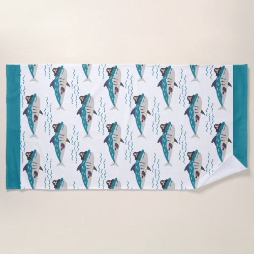 Cute Teal Shark Pirate Waves Seamless Pattern Kids Beach Towel