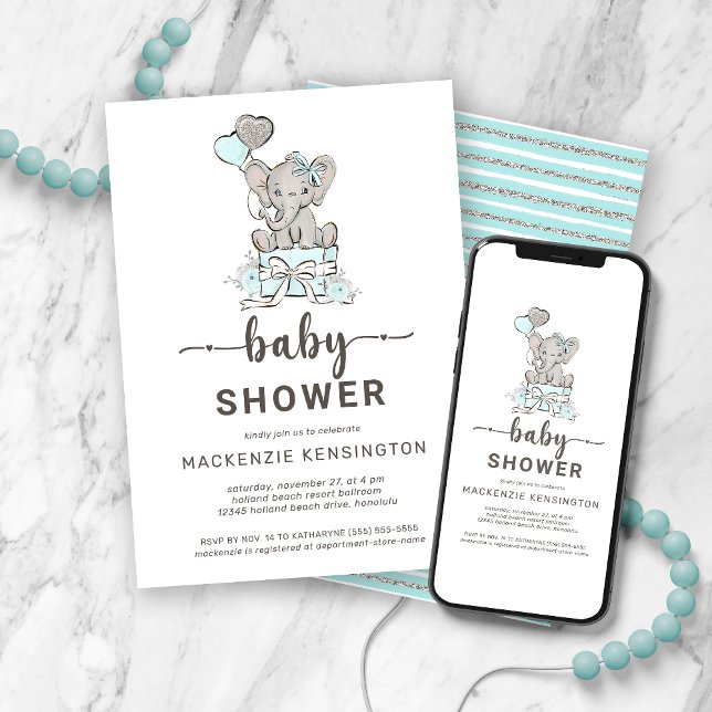 Cute Teal Silver Glitter Elephant Baby Shower Invitation (Creator Uploaded)