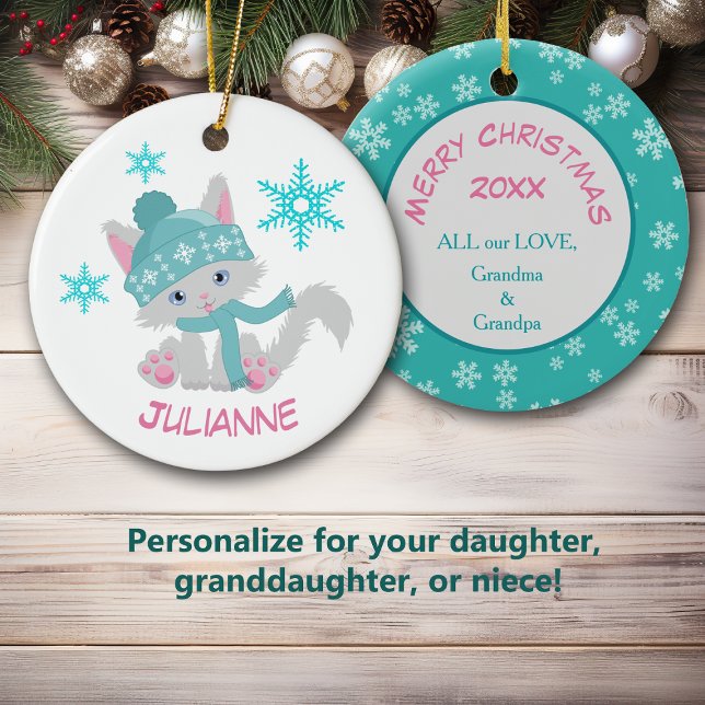 Cute Teal Snowflake Kitten Ceramic Ornament (Creator Uploaded)