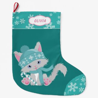 Cute Teal Snowflake Kitten Large Christmas Stocking