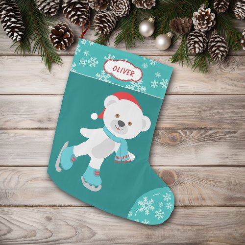 Cute Teal Snowflake Skating Bear Large Christmas Stocking