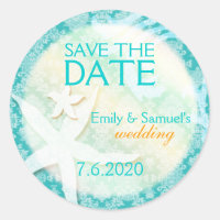 Cute Teal Starfish Beach Wedding Save the Date Classic Round Sticker