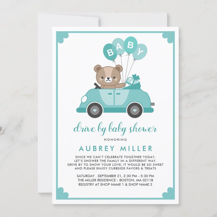 Cute Teal Teddy Bear Drive By Baby Shower Invitation Zazzle