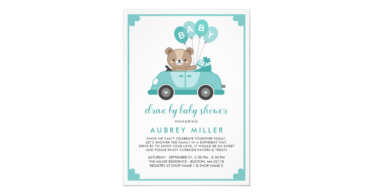 Cute Teal Teddy Bear Drive By Baby Shower Invitation