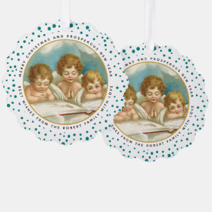 Cute teal three vintage angels Christmas holiday Ornament Card