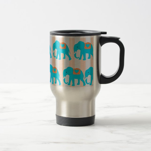 Cute Teal Turquoise Blue Elephants on Peach Stripe Travel Mug (Right)
