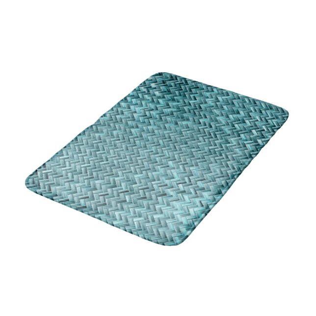 Cute Teal Turquoise Blue Faux Rattan Weave Pattern Bath Mat (Angled)
