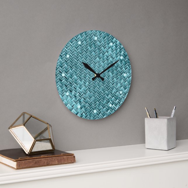 Cute Teal Turquoise Blue Faux Rattan Weave Pattern Large Clock (Office)