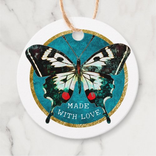  Cute Teal Vintage Grunge Butterfly Made With Love Favor Tags