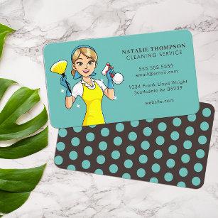 Cute Teal Vintage Housekeeping Cleaning Service Business Card