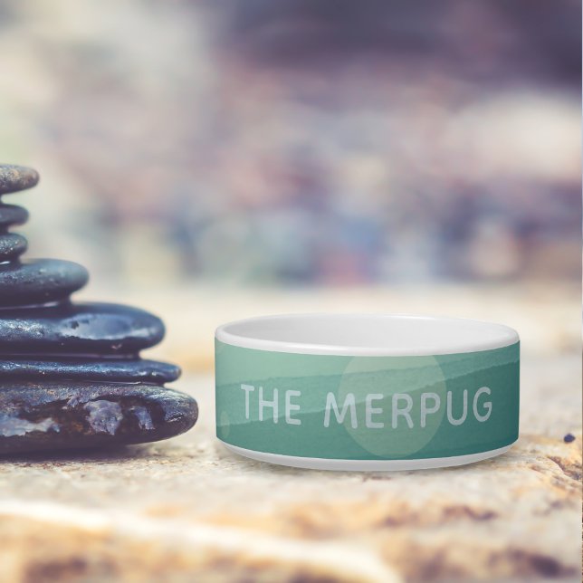 Cute Teal Watercolor Custom Dog Name Bowl (Add your sea dog's name to this teal watercolor pet food bowl)