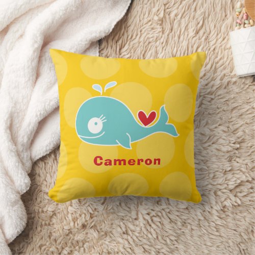 Cute Teal Whale Fun Dots Love Heart Baby Girl Kids Throw Pillow