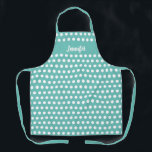 Cute Teal White Polka Dot Pattern Personalized Apron<br><div class="desc">Protect your clothes from food and stains with this Cute Teal White Polka Dot Pattern Personalized Apron. It is a modern, girly chic design with customizable pastel teal green background and white polka dots on all over print apron. Name is in white calligraphy script lettering across the chest area. CLICK...</div>
