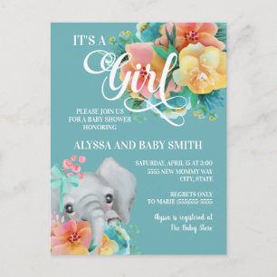 Cute Teal Yellow Pink Elephant Baby Shower Postcard