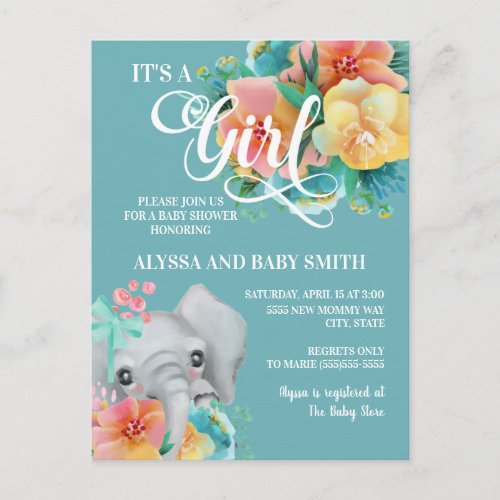 Cute Teal Yellow Pink Elephant Baby Shower Postcard