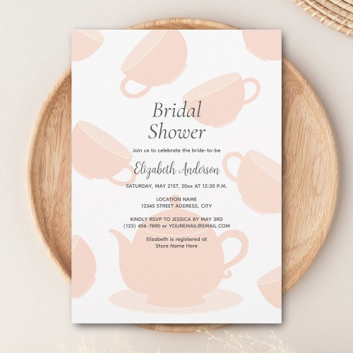 Cute Teapot and Teacups Rustic Pink Bridal Shower Invitation