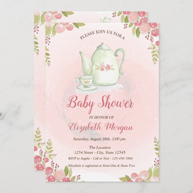 Cute Teapot Floral Baby Shower Invitation (Front/Back)