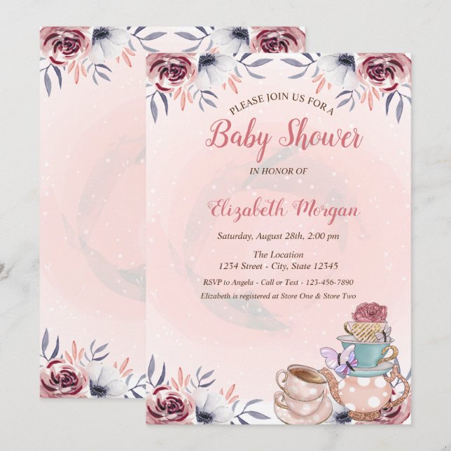 Cute Teapot Floral Tea Party Baby Shower  Invitation (Front/Back)