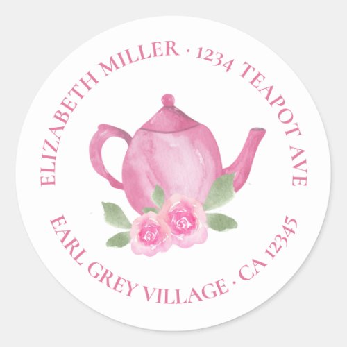 Cute Teapot Pink Watercolor Return Address Classic Round Sticker