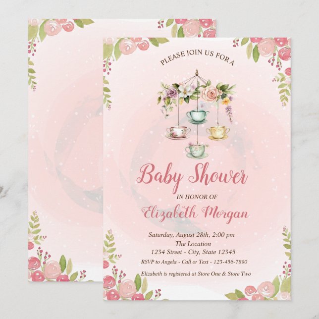 Cute Teapot Spring Flowers Baby Shower Invitation (Front/Back)