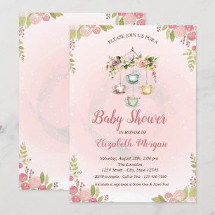 Cute Teapot Spring Flowers Baby Shower Invitation
