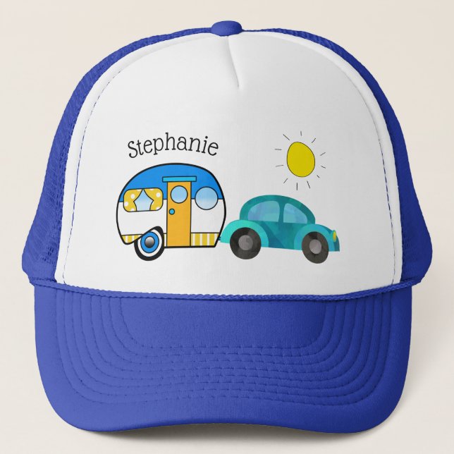 Cute Teardrop Camper Personalized Road Trip Trucker Hat (Front)