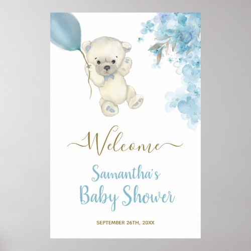 Cute Teddy Baby Shower Boy Watercolor Welcome Sign