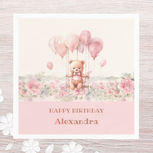 Cute Teddy Balloons Dusty Pink Girls Birthday Napkins