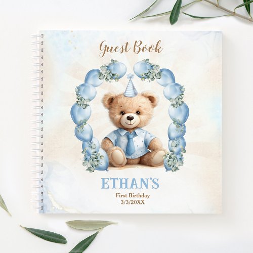 Cute Teddy Bear 1st Birthday Blue Guest Book
