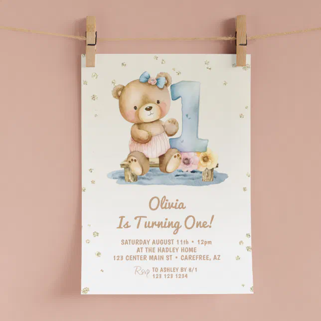 Cute Teddy Bear 1st Birthday Invitation | Zazzle