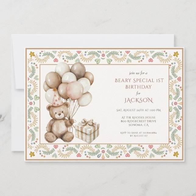 Cute Teddy Bear 1st Birthday Invitation (Front)
