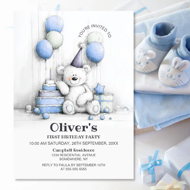 Cute Teddy Bear 1st Birthday Party Invitation | Zazzle