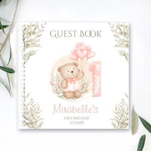 Cute Teddy Bear 1st Birthday Peach Guest Book