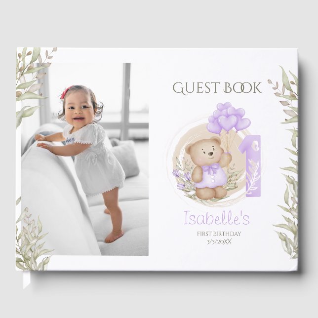 Cute Teddy Bear 1st Birthday Photo Guest Book (Front)