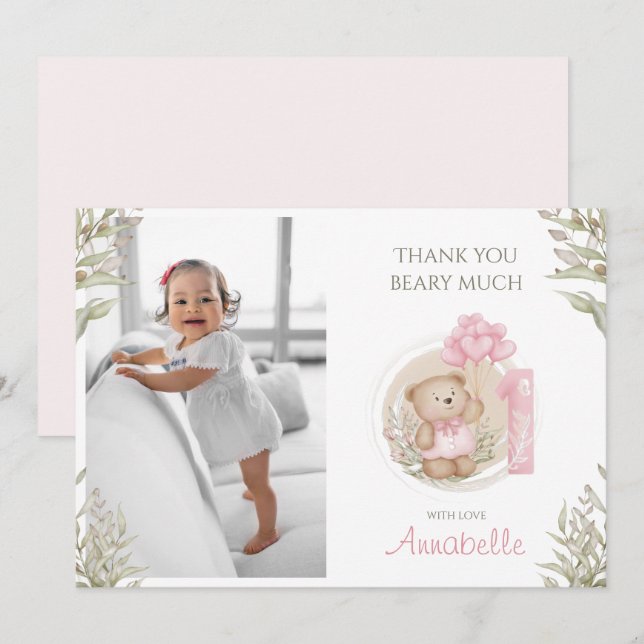 Cute Teddy Bear | 1st Birthday | Photo Thank You Card (Front/Back)