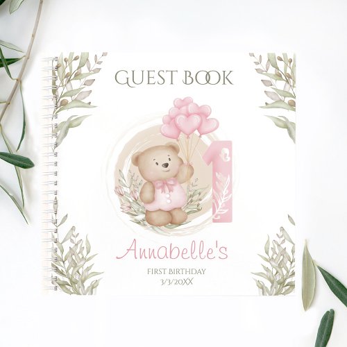 Cute Teddy Bear 1st Birthday Pink Guest Book