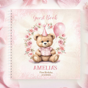 Cute Teddy Bear 1st Birthday Pink Guest Book