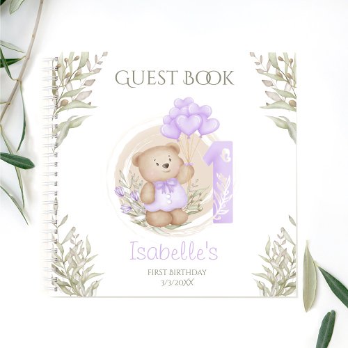 Cute Teddy Bear 1st Birthday Purple Guest Book