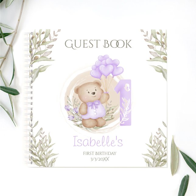 Cute Teddy Bear 1st Birthday Purple Guest Book (Cute Teddy Bear 1st Birthday Purple Guest Book)