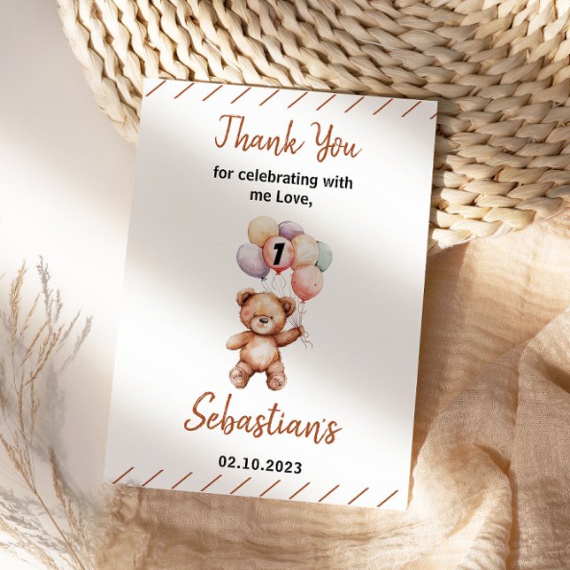 Cute Teddy Bear 1st Birthday | Sweet Bear  Thank You Card (Cute Teddy Bear 1st Birthday | Sweet Bear Thank You Card
)