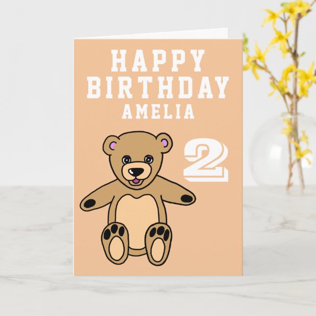 Cute Teddy Bear 2nd Birthday Happy Birthday Card (Yellow Flower)