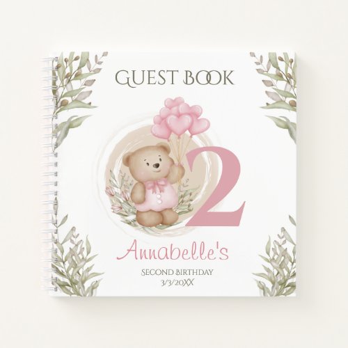 Cute Teddy Bear 2nd Birthday Pink Guest Book