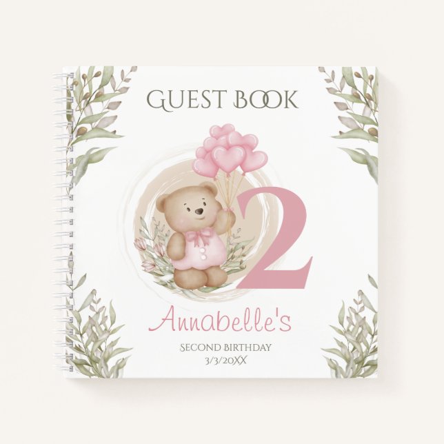 Cute Teddy Bear 2nd Birthday Pink Guest Book (Front)