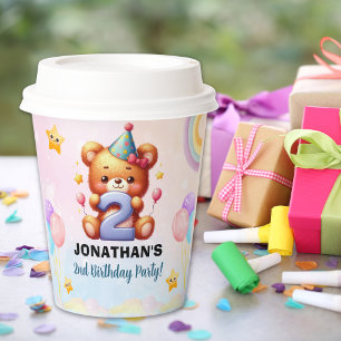 Cute Teddy Bear 2nd Birthday Rainbow & Balloons Paper Cups