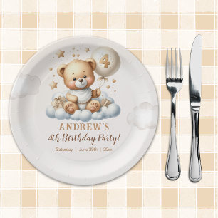Cute Teddy Bear 4th Birthday Paper Plates