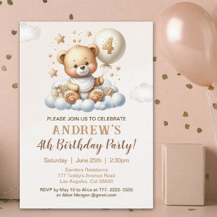 Cute Teddy Bear 4th Birthday Party Celebration Invitation