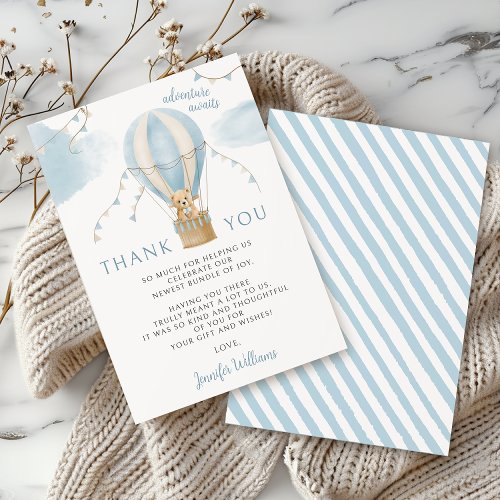 Cute Teddy Bear Air Balloon baby boy shower Thank You Card